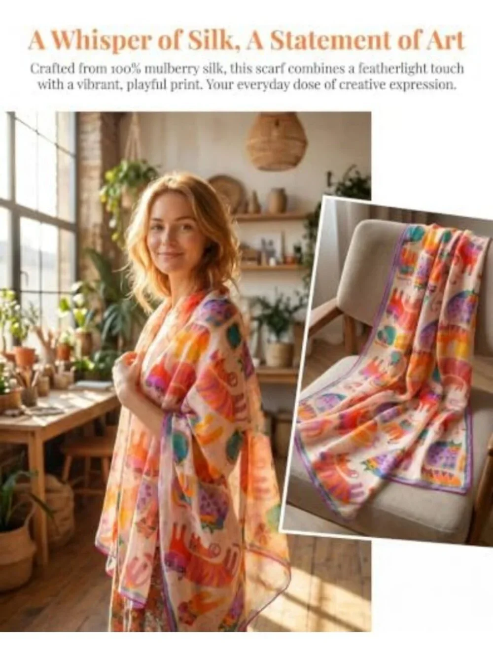 Luxurious 100% Mulberry Silk Floral Scarf - Lightweight Large Shawl Wrap for